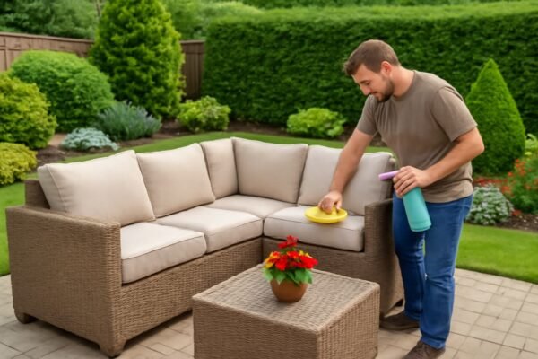 رجل يقوم بتنظيف كرسي خارجي في الحديقة