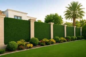 تركيب سياج تركي مغطي بالعشب الصناعي يحيط بحديقة جميلة