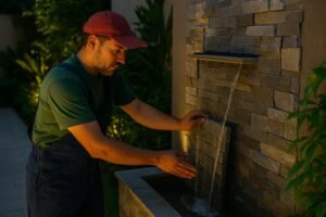 فني يقوم بتركيب شلال جداري حجري في حديقة منزلية بالكويت