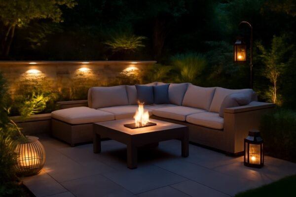 جلسات حدائق خارجية مع إضاءة دافئة ومدفأة