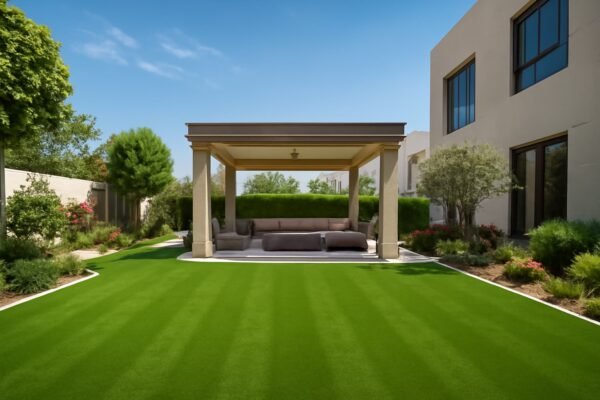 تصميم حديث وعصري للحدائق في فيلا فاخرة تحتوي على ثيل صناعي وجلسة خارجية أنيقة مع ممرات حجرية ونباتات صحراوية