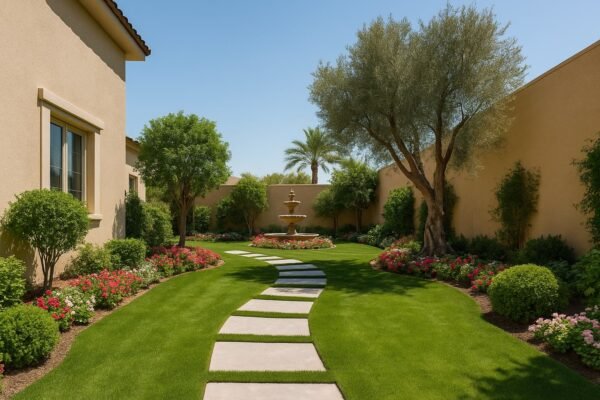 تصميم حديقة منزلية في جنوب السرة مع ممرات حجرية وأشجار مزهرة