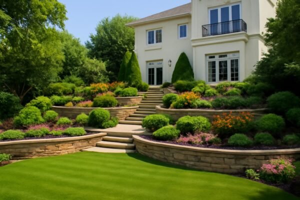 تصميم هندسي لحديقة منزلية متعددة الطبقات مع ممرات حجرية وأشجار مزدهرة.