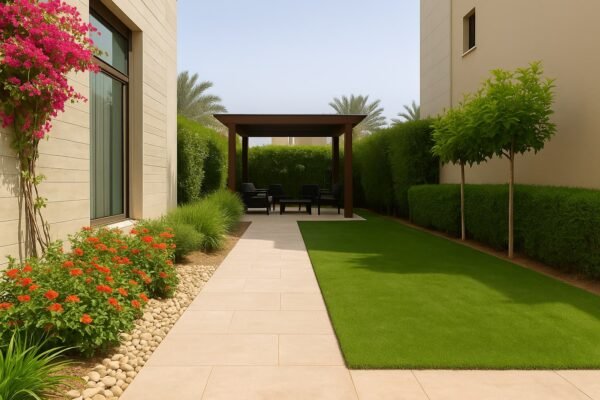 جلسة خارجية خشبية في حديقة منزلية مستطيلة بالكويت