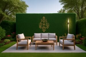 جلسة خارجية في حديقة مع سياج تركي مزخرف مغطى بالعشب الصناعي.