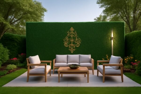 جلسة خارجية في حديقة مع سياج تركي مزخرف مغطى بالعشب الصناعي.