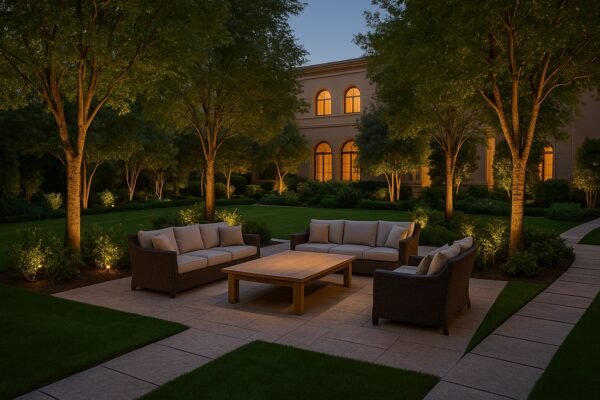 جلسة خارجية فاخرة بإضاءة ليلية داخل حديقة قصر