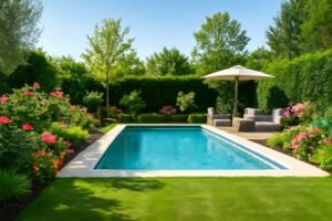 حديقة جميلة ومنسقة تحتوي على مسبح كبير وجلسة خارجية أنيقة مع نباتات وزهور جميلة.