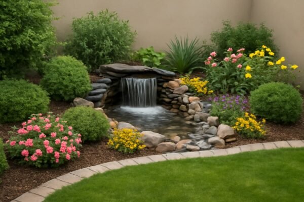 حديقة صغيرة تحتوي على شلالات ونوافير محاطة بنباتات خضراء وزهور ملونة