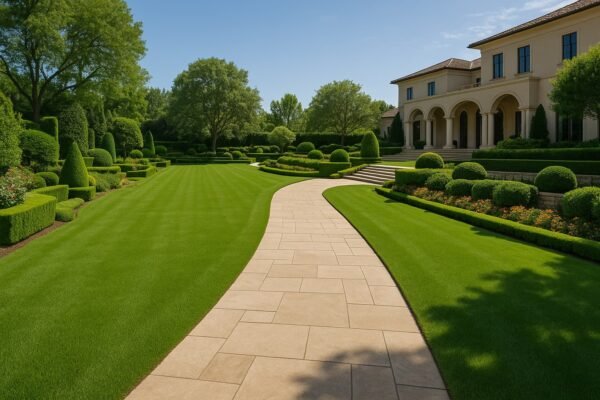 حديقة قصر واسعة بتنسيق احترافي ومسارات حجرية