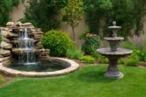 حديقة مزينة بالنوافير والشلالات، توضح عملية تنفيذ التصميم النهائي