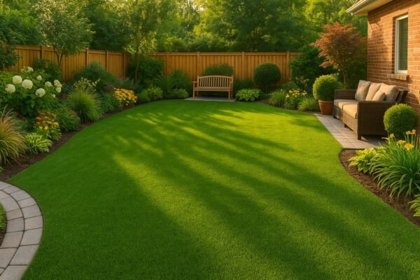 حديقة منزلية جميلة بثيل صناعي منسق