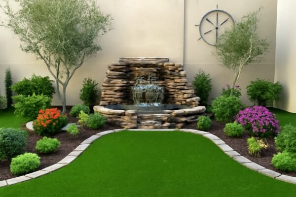 حديقة منزلية مع شلالات، نباتات، وثيل صناعي مع أنظمة ري حديثة.