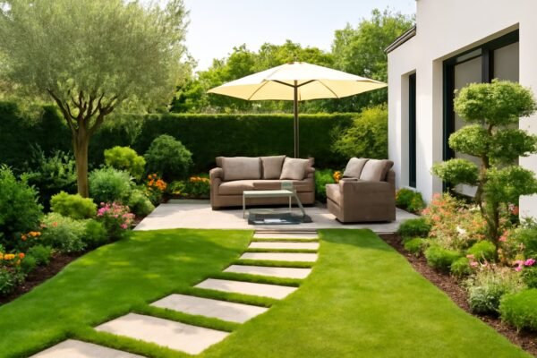 حديقة منزلية مجهزة بجلسات مريحة ومسارات مصممة بعناية