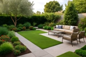 حديقة منزلية مزخرفة بجلسات مريحة ومسارات مصممة بعناية، تجمع بين الطبيعة والعناصر الحديثة.