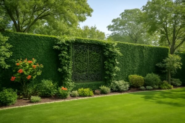 حديقة بتنسيق جميل مع سياج تركي مزخرف مغطى بالعشب الصناعي