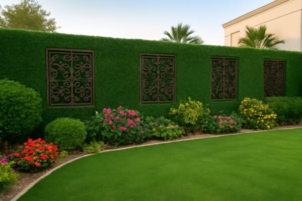 سياج تركي مدمج بالعشب الصناعي يحيط بحديقة جميلة