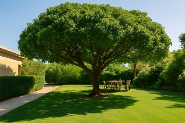 شجرة كبيرة توفر ظلًا رائعًا في حديقة منزلية بالكويت