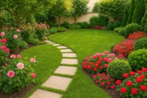 شركة تنسيق حدائق العدان حديقة منزلية جميلة بها ورد