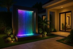 فناء منزل كويتي يضم شلالًا زجاجيًا مضاءً ليلًا بإضاءة ملونة