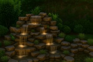 شلال صخري متعدد المستويات داخل حديقة فخمة بالكويت