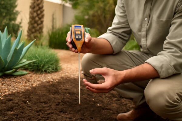 فحص التربة في حديقة منزلية بالكويت باستخدام جهاز اختبار رقمي