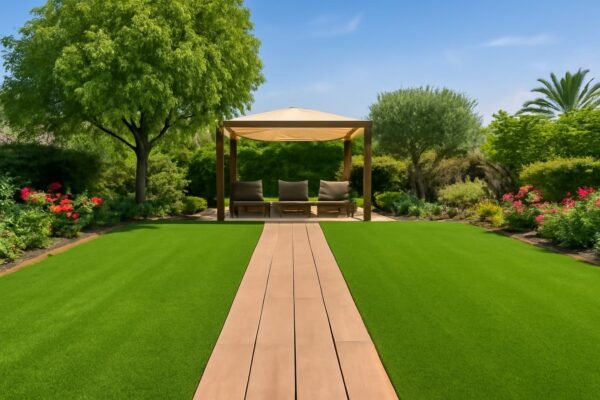 ممر خشبي مع جلسة مظللة وسط حديقة منزلية بالكويت