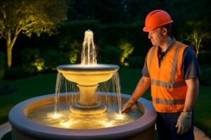 نافورة مضيئة في حديقة منزلية