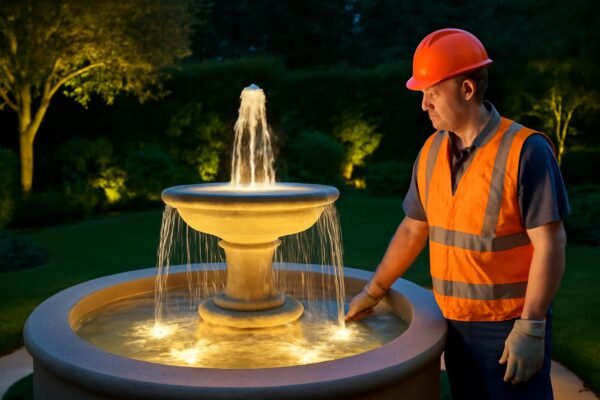 نافورة مضيئة في حديقة منزلية