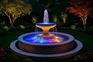 نافورة مضيئة وجذابة داخل حديقة فاخرة