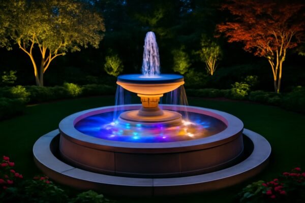 نافورة مضيئة وجذابة داخل حديقة فاخرة