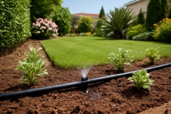 نظام ري بالتنقيط في حديقة منزلية مع ممرات خضراء وأشجار محيطة.
