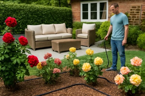 حديقة مزودة بنظام ري بالتنقيط مع وردة حول جلسة خارجية