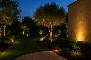 حديقة جميلة مضاءة ليلاً بإضاءات دافئة