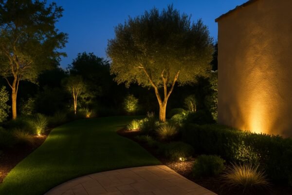 حديقة جميلة مضاءة ليلاً بإضاءات دافئة