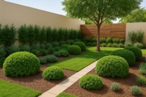 حديقة هدية بزراعة كتلية وأحواض كبيرة وخصوصية عالية مع شجرة ظل