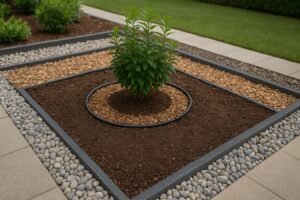 حوض زراعي منضبط بتربة محسنة وشتلة مثبتة وحلقة ري وملش