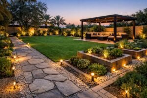 حديقة في كبد مقسّمة لمشاهد بممر حجري وثيل وجلسة مظللة