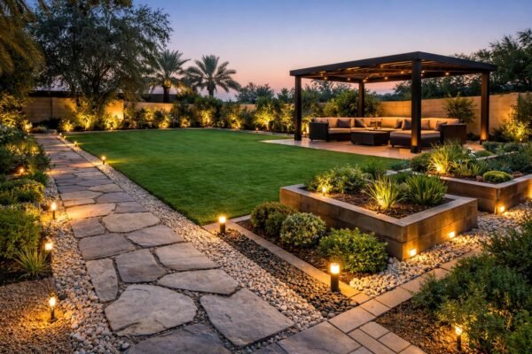 حديقة في كبد مقسّمة لمشاهد بممر حجري وثيل وجلسة مظللة