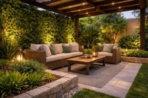 جلسة خارجية خاصة في حديقة الرحاب مع برجولا وشاشة نباتية