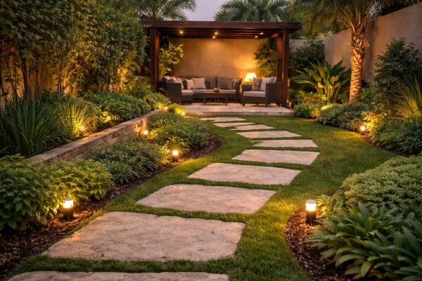 جلسة عائلية مسائية في حديقة الدوحة الكويت تحت برجولة خشبية بإضاءة دافئة