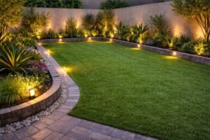 ثيل صناعي عالي الجودة مع ممر انترلوك جانبي وإضاءة أرضية في حديقة اشبيلة بالكويت