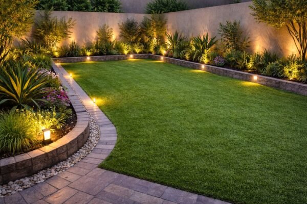 ثيل صناعي عالي الجودة مع ممر انترلوك جانبي وإضاءة أرضية في حديقة اشبيلة بالكويت