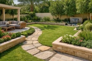 حديقة منزلية في الزهراء بتقسيم واضح وجلسة وممر حجري وأحواض مرتفعة