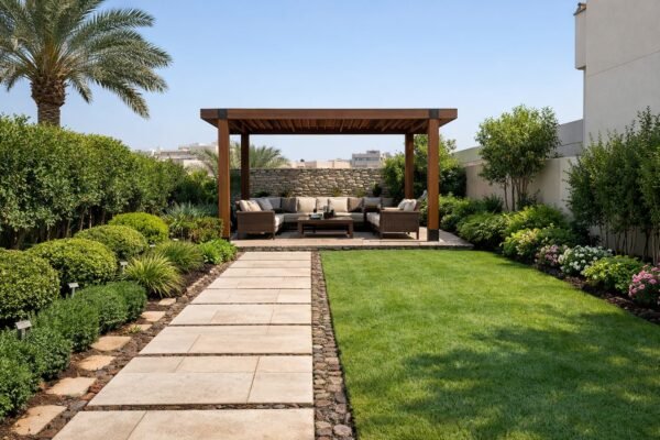 حديقة فيلا بكاظمة بممر حجري وبرجولة