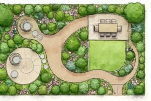 تصميم تخطيطي لحديقة مع ممرات وأماكن جلوس