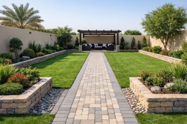 حديقة بالعارضية بتقسيم عملي مع ممر إنترلوك وعشب وأحواض زراعة