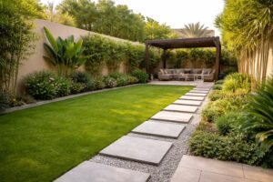 حديقة منزلية أفقية بتقسيم واضح بين عشب وممر حجري وجلسة خارجية