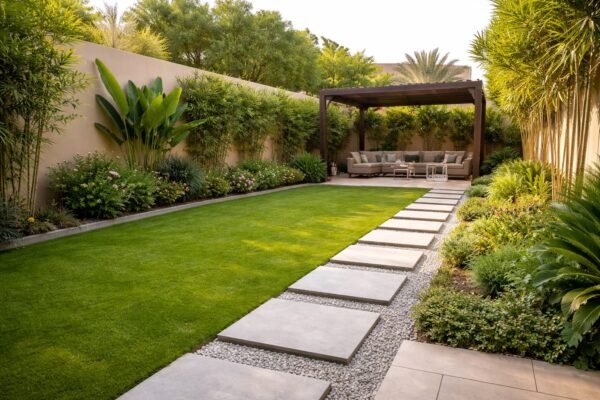 حديقة منزلية أفقية بتقسيم واضح بين عشب وممر حجري وجلسة خارجية