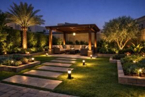 حديقة منزلية في العارضية بالكويت بجلسة تحت برجولة وإنارة ممرات وسبوتات على الأشجار